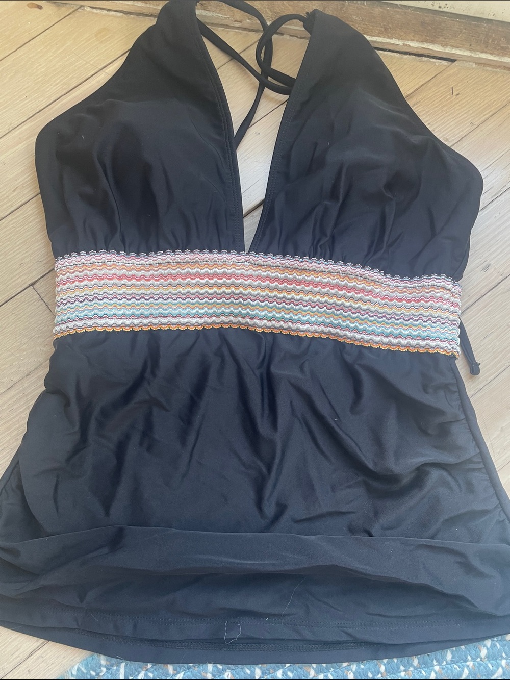 Black Women’s V-Neck Swim Tankini with Multicolor Smocked Waist
